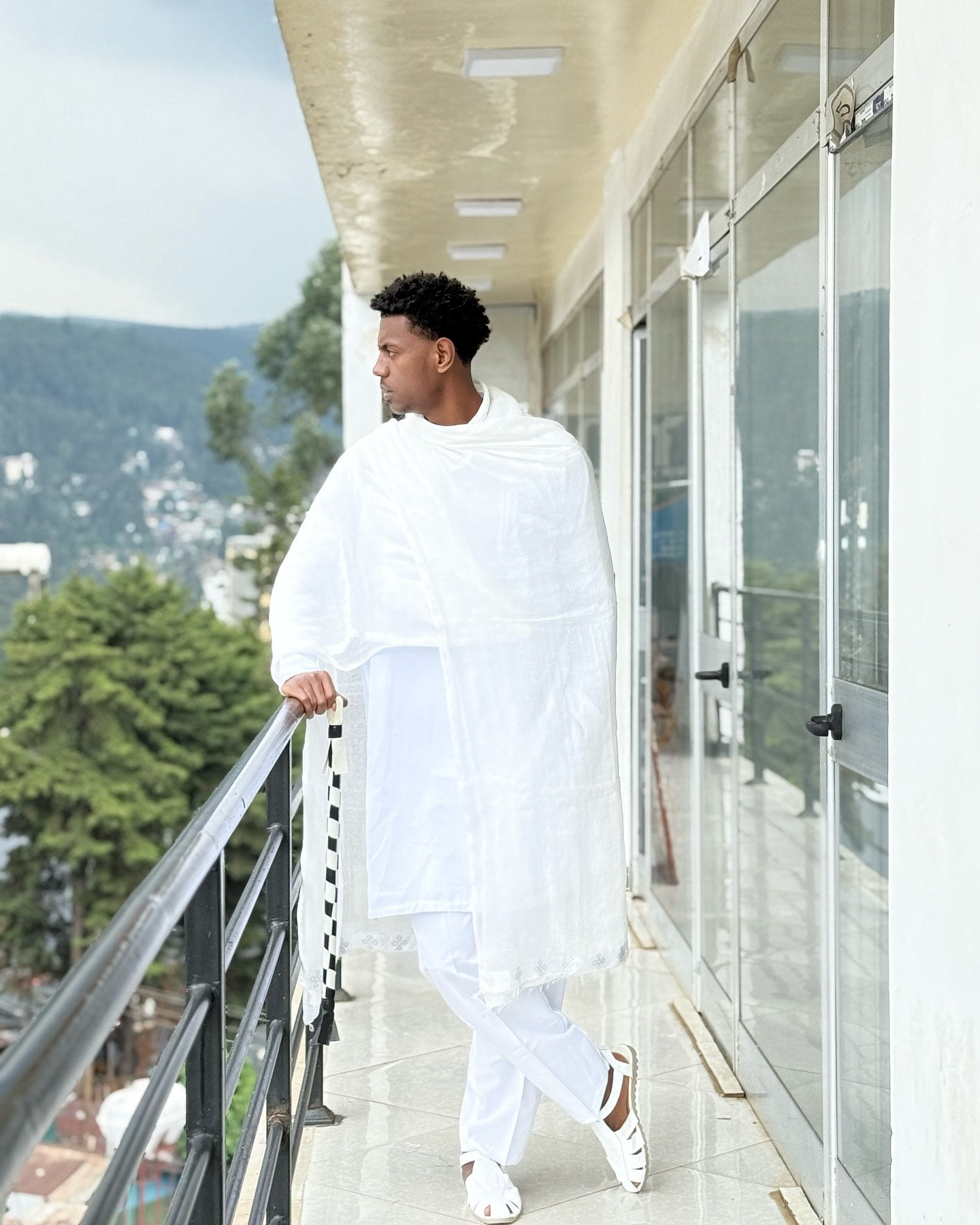 Classic Ethiopian Men’s Traditional Clothing White Outfit with Netela Cultural Men's Outfit Includes Pants and Shoes 0071