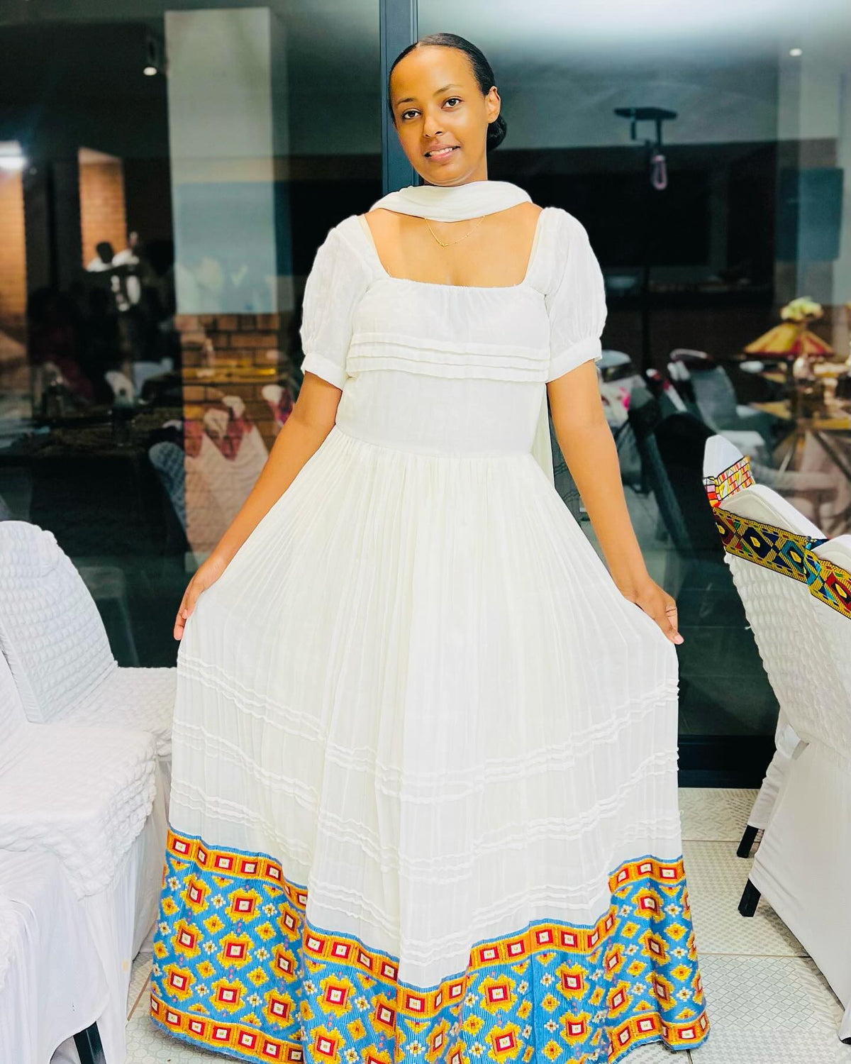 Elegant White Habesha Kemis Traditional Habesha Dress with Colorful Hem Detail Ethiopian Dress 449