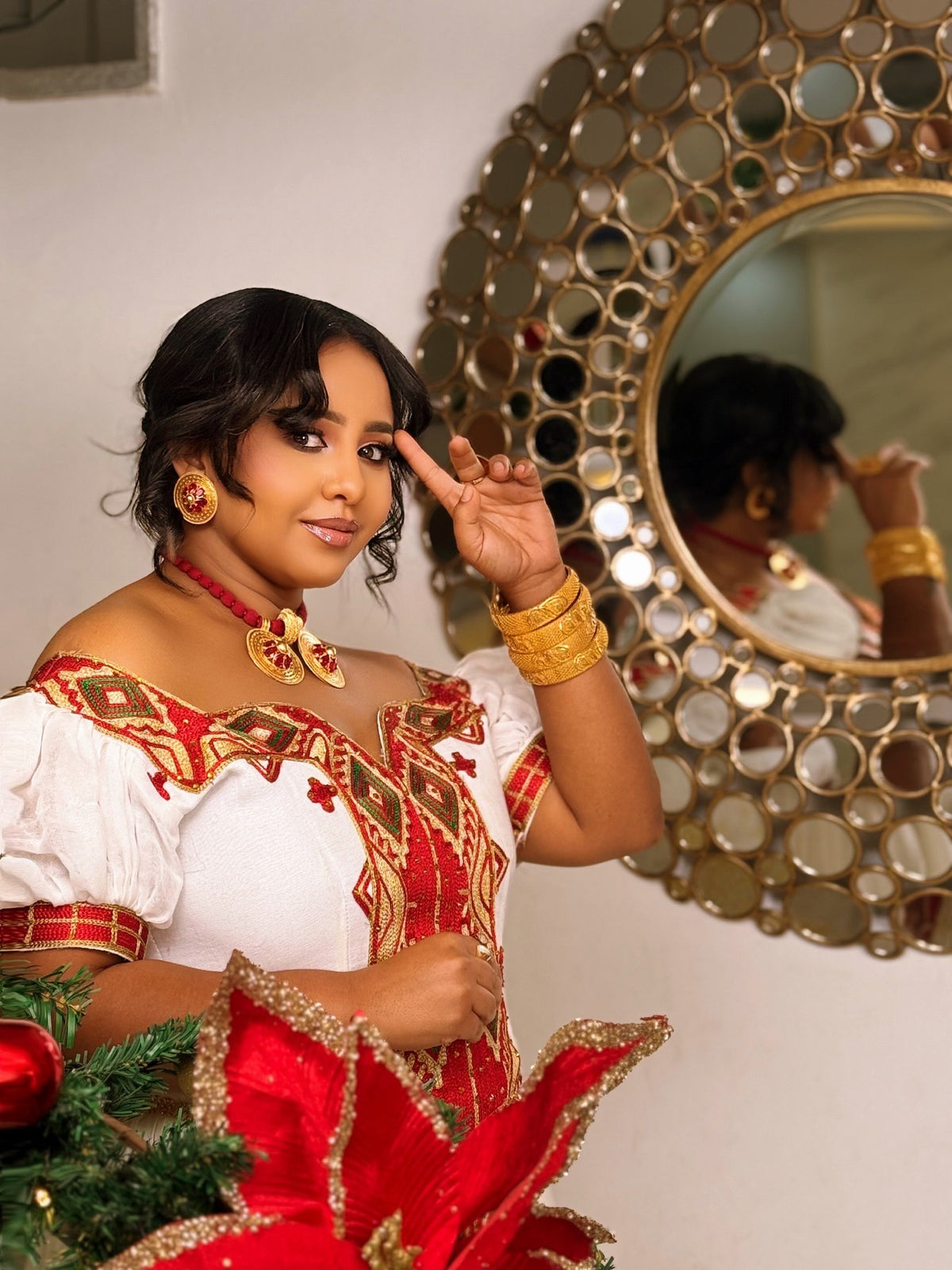 Red Embroidery Ethiopian Clothing Off-shoulder Habesha Kemis Graceful Habesha Dress 600
