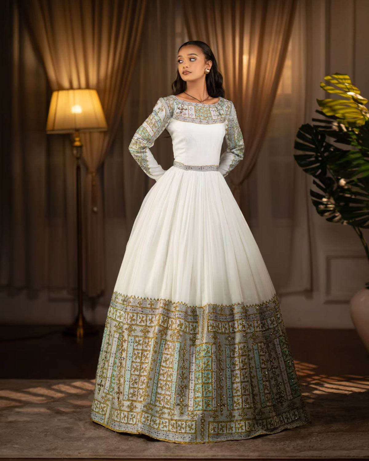 Long Sleeve Habesha Kemis Traditional Ethiopian Wedding Dress Gold And Mint Habesha Dress 643