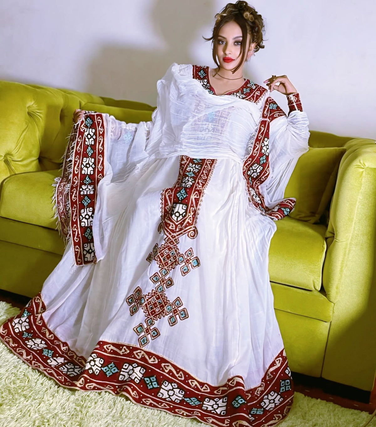 Ethiopian Traditional Dress Stylish Habesha Dress Red Embroidery And Long Sleeve Habesha Kemis 702