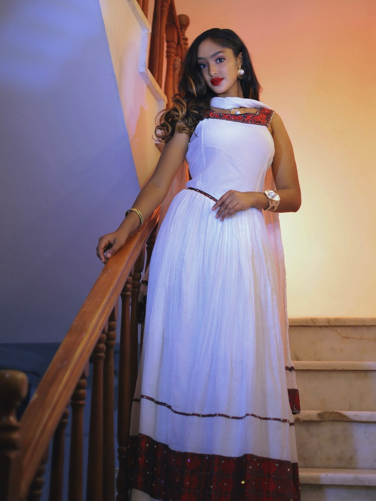 Sleeveless Habesha Kemis Traditional Ethiopian Clothing Red Woven Accent Habesha Dress 721