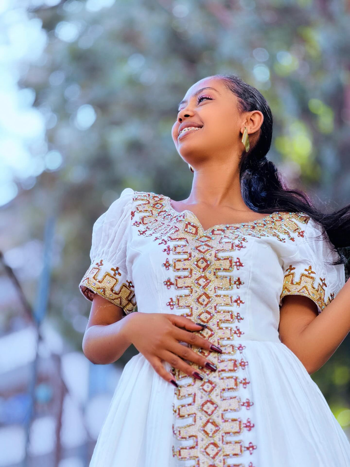 V Neck Habesha Dress Cross Embroidery Habesha Kemis Ethiopian Dress Style 634