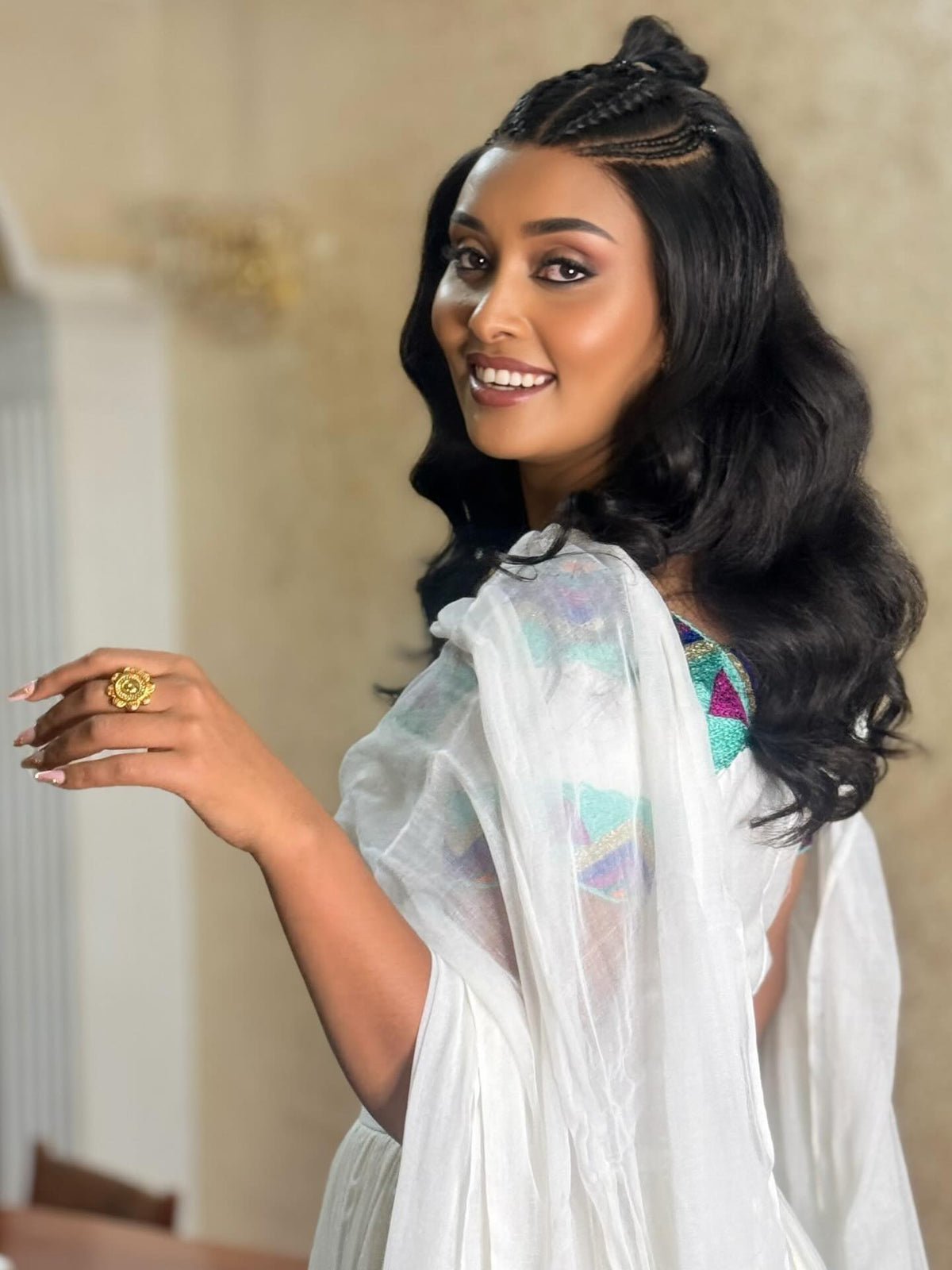 Festive Ethiopian Clothing Off Shoulder Short Sleeve Habesha Kemis Multicolor Design Habesha Dress 758