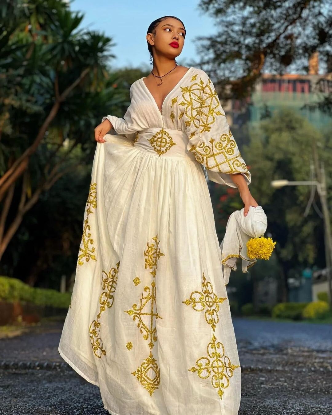 Cross like pattern habesha dress yellow Design habesha kemis S