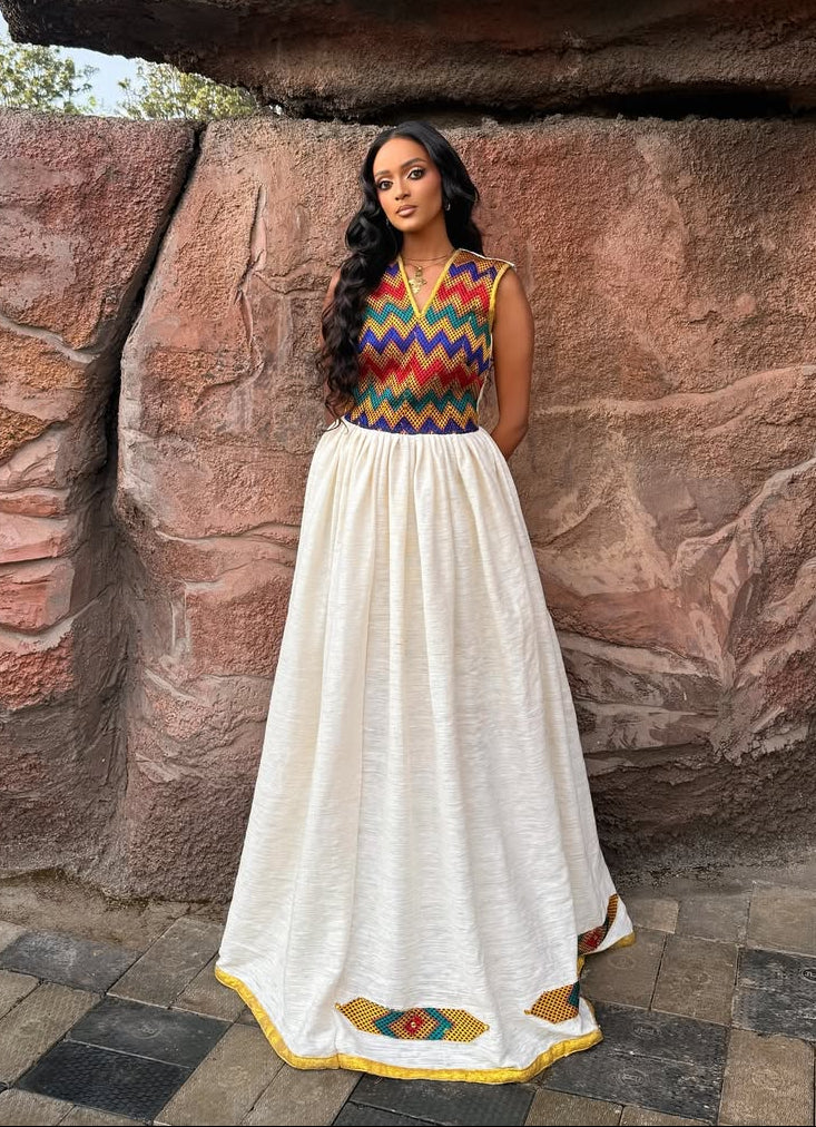 Beautiful Habesha Kemis with Colorful Embroidery – Ethiopian Traditional Clothing – Eritrean Dress
