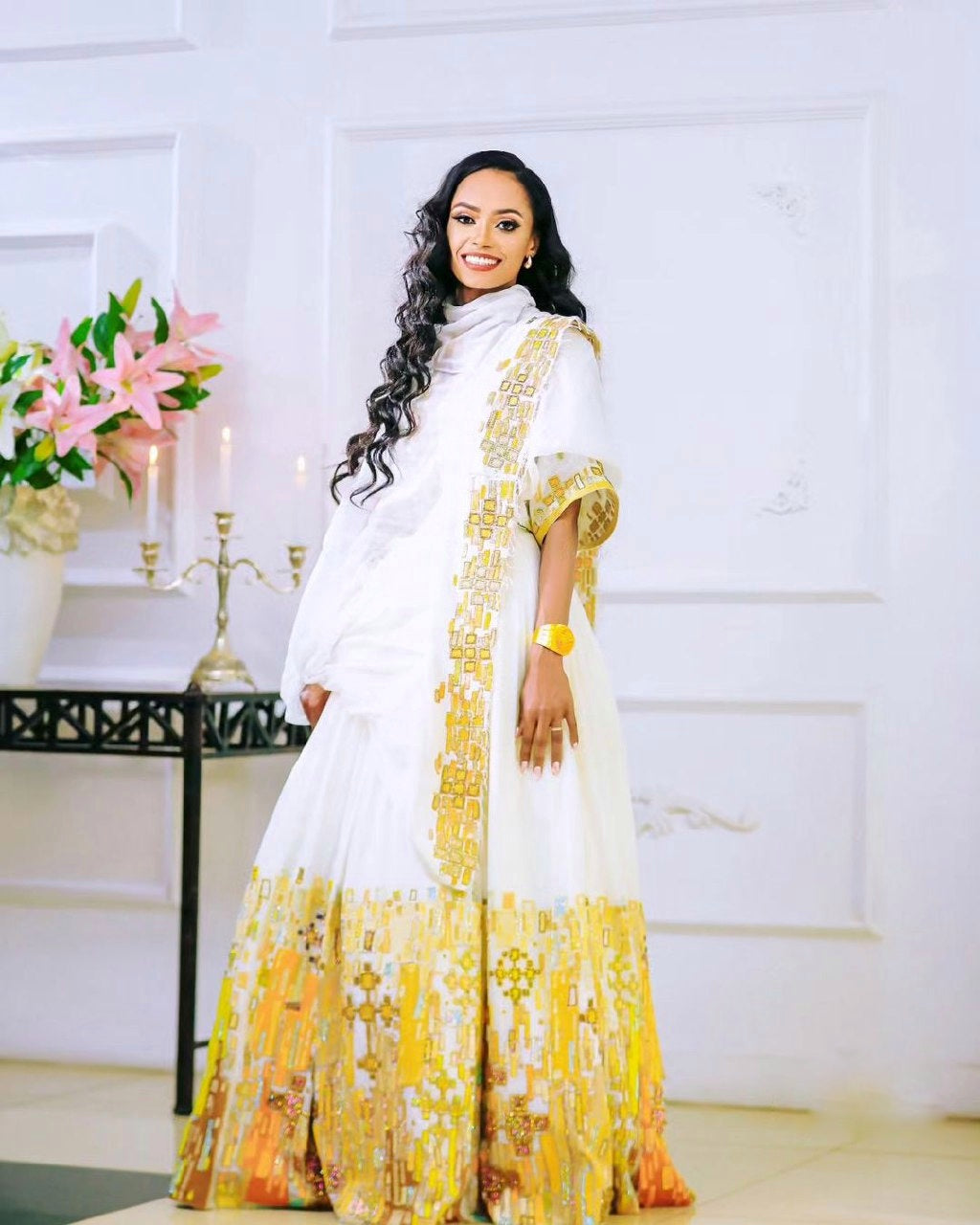 Gorgeous Yellow Habesha Couples Outfit Ethiopian Traditional Wedding Outfit