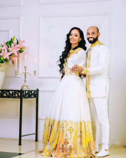 Gorgeous Yellow Habesha Couples Outfit Ethiopian Traditional Wedding Outfit