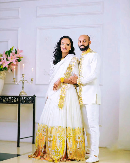 Gorgeous Yellow Habesha Couples Outfit 