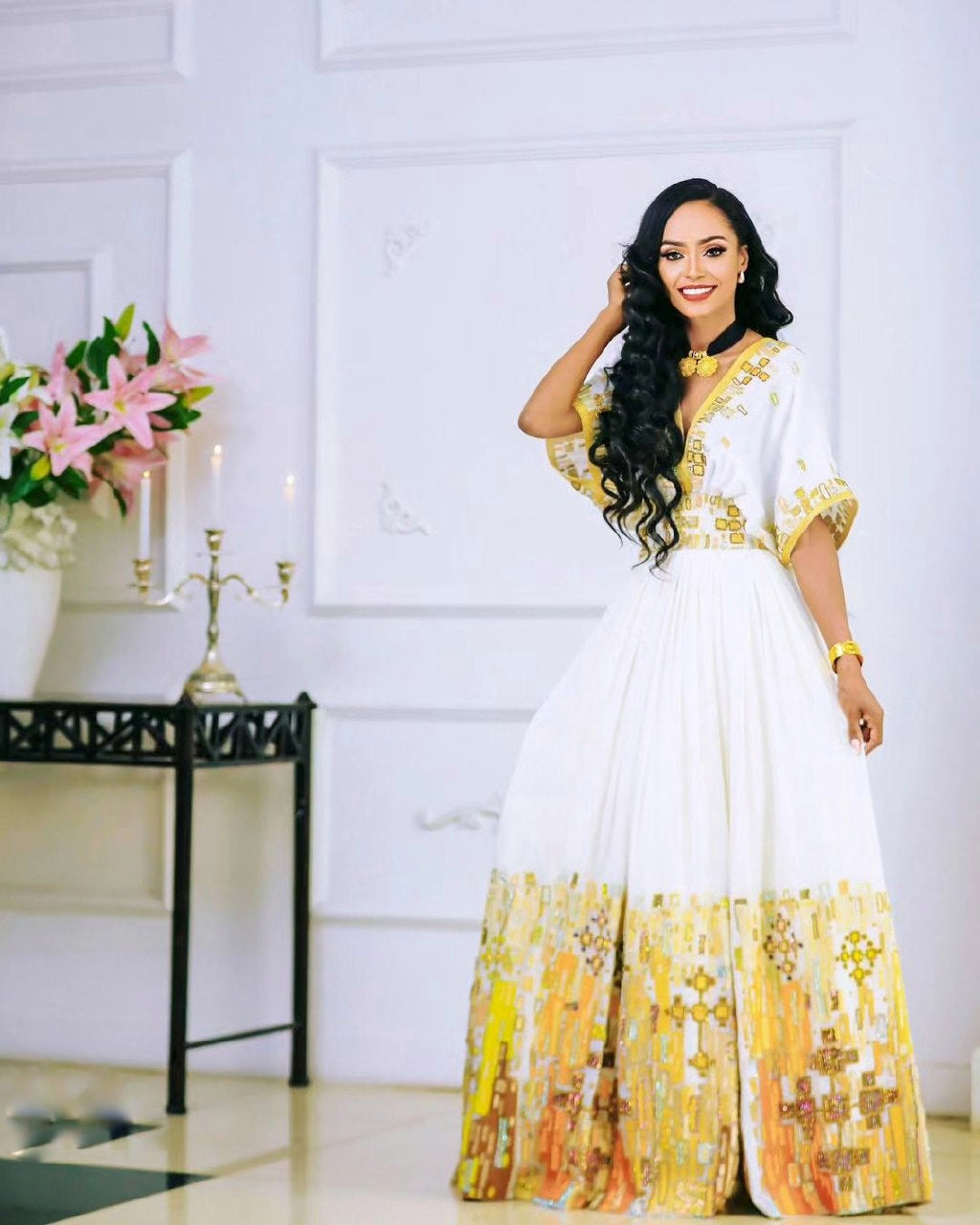 Gorgeous Yellow Habesha Couples Outfit Ethiopian Traditional Wedding Outfit