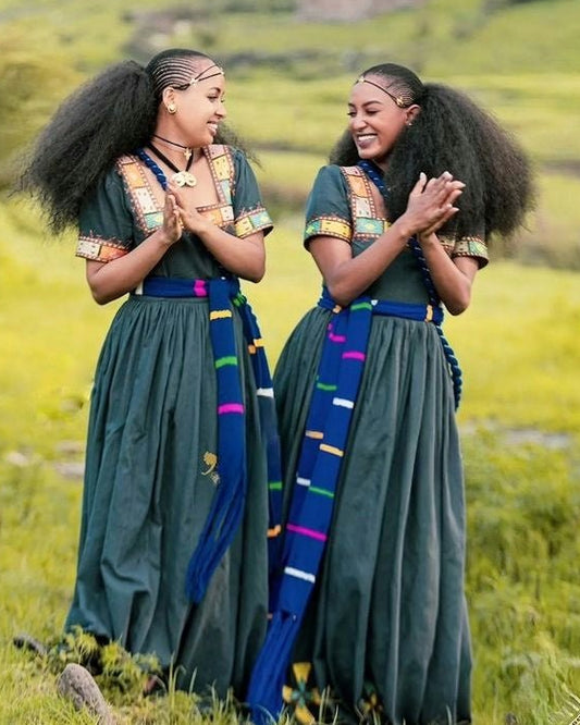 Elegant Ethiopian Traditional Dress Green Ashenda Dress