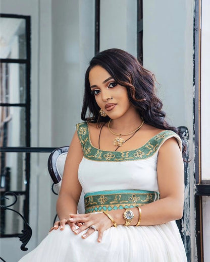 Beaded Light Color Habesha Dress Exquisite Ethiopian Dress