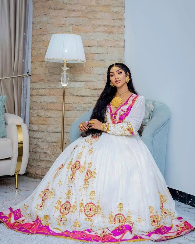 Pink Wedding Habesha Dress Sparkling Ethiopian Wedding Dress