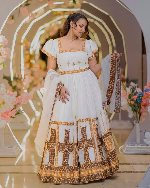 Gorgeous Brown and Golden Habesha Dress Ethiopian Traditional Habesha Kemis for Events