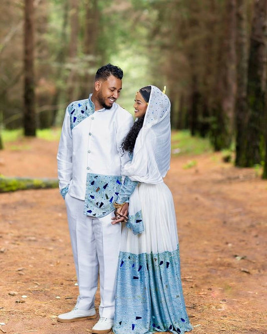 Beautiful Blue Habesha Couples Outfit 