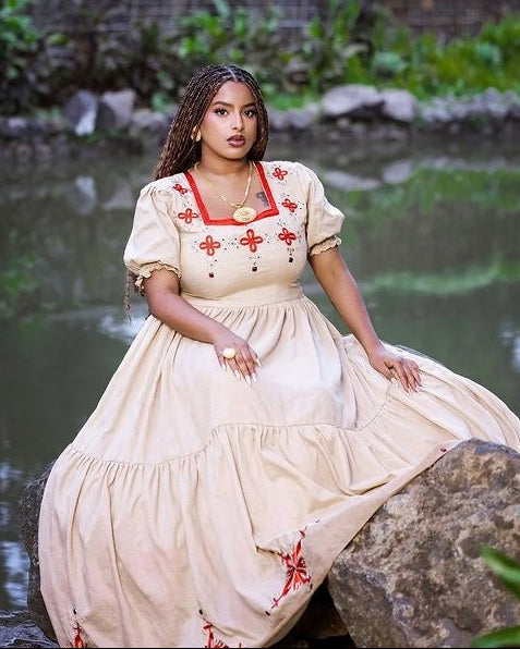 Cream with Red Design Habesha Kemis 