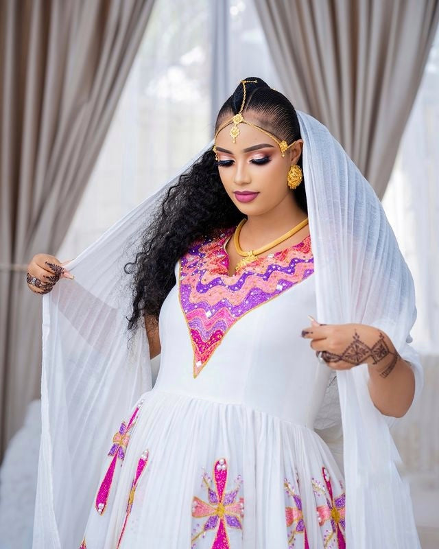 Vibrant Habesha Wedding Dress Colorful Ethiopian Dress For Wedding