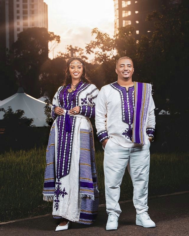 Elegant Purple Cultural Ethiopian Couples Outfit 