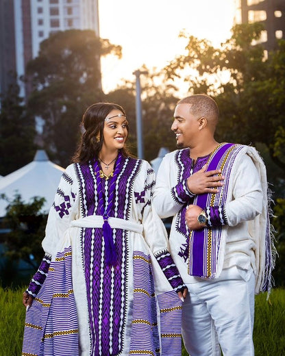 Elegant Purple Cultural Ethiopian Couples Outfit Habesha Couple's Outfit Purple Cultural Habesha Dress