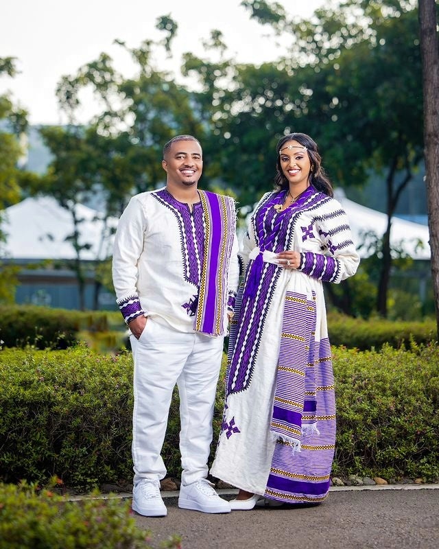 Elegant Purple Cultural Ethiopian Couples Outfit Habesha Couple's Outfit Purple Cultural Habesha Dress