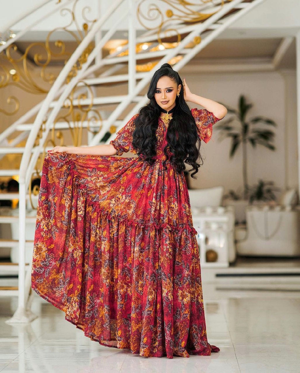 Elegant Red Habesha Chiffon Gorgeous Shiffon with Exquisite Detail Ethiopian Dress