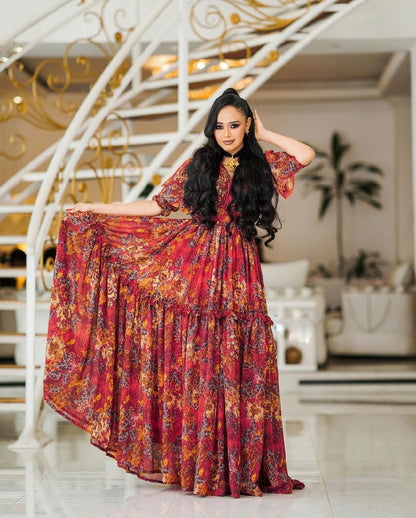 Elegant Red Habesha Chiffon Gorgeous Shiffon with Exquisite Detail Ethiopian Dress