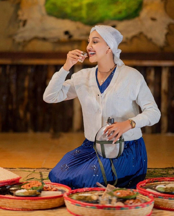 Elegant Dark Blue Gurage Cultural Dress with White Sweater Gurhaghe Dress Ethiopian Cultural Dress