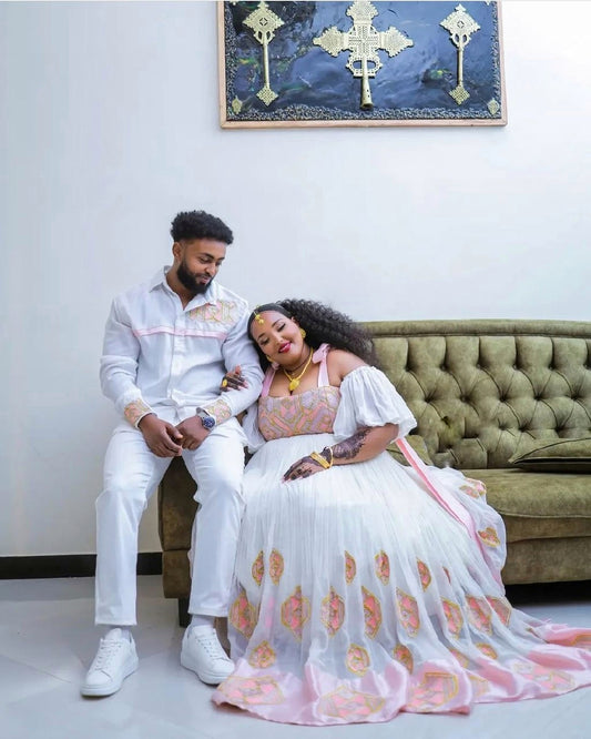 Elegant Light Pink Habesha Couples Outfit