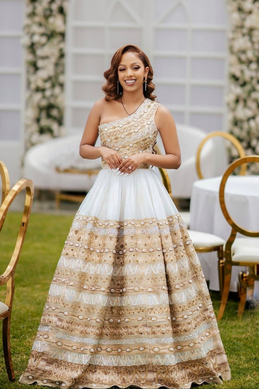 Golden Embroidery Ethiopian Traditional Dress For Wedding