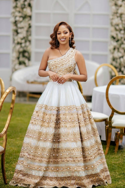 Golden Embroidery Ethiopian Traditional Dress For Wedding