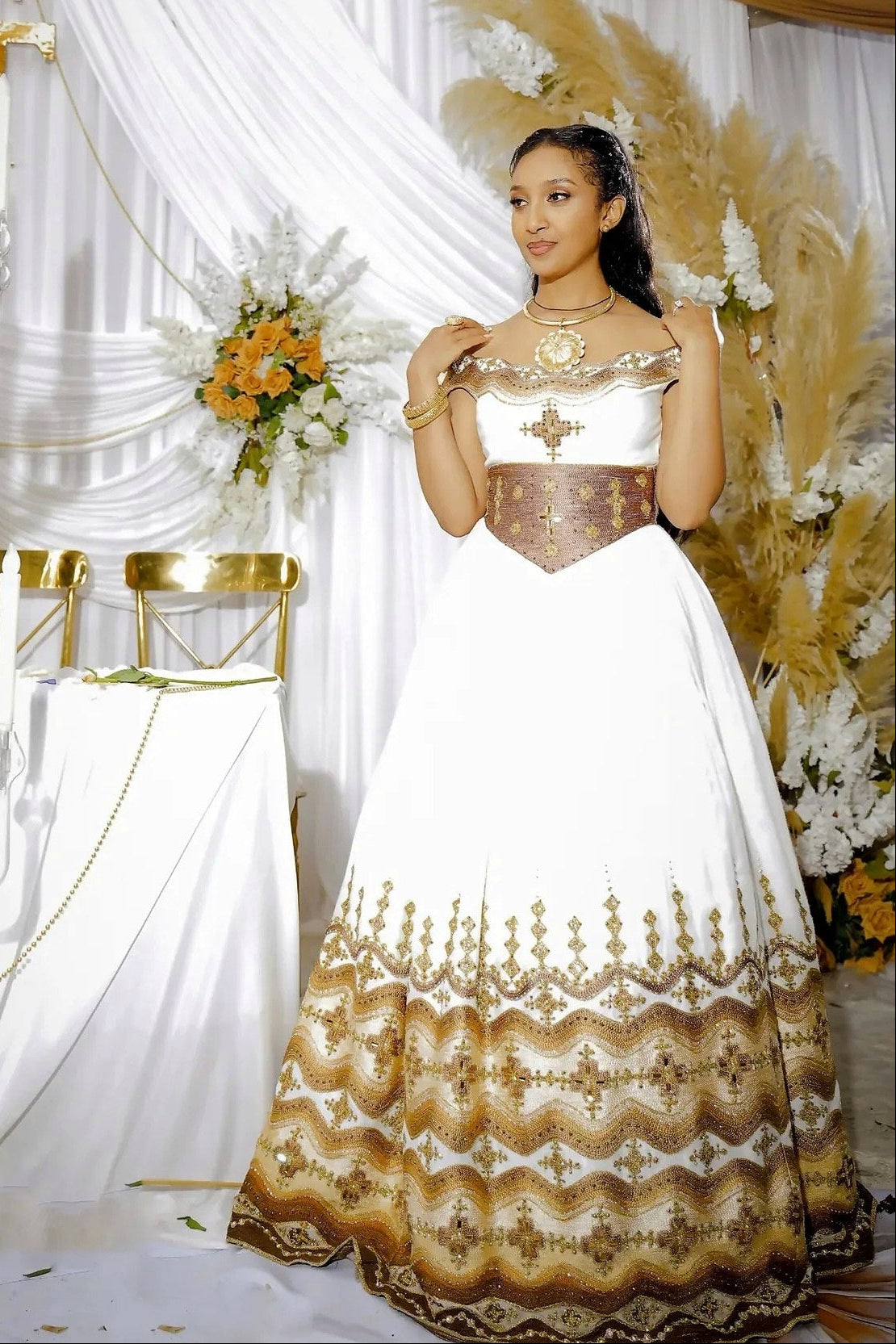 Off Shoulder Gold Embroidery Habesha Dress Ethiopian Wedding Dress Traditional Ethiopian Wedding Dress