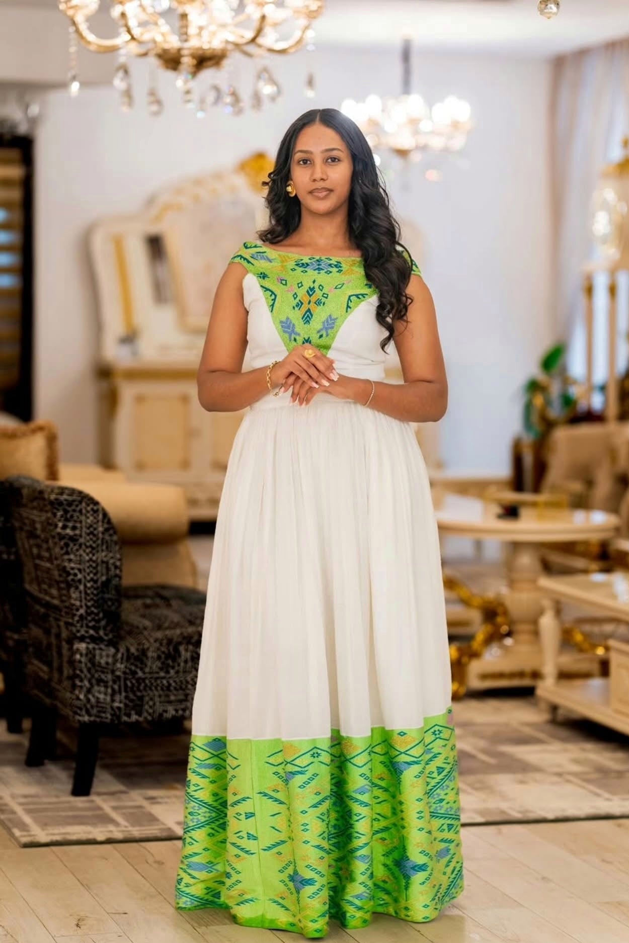 Green Embroidery Habesha Kemis Authentic Habesha Dress Ethiopian Traditional Dress 220