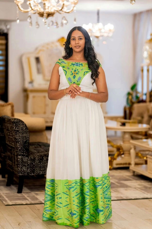 Green Embroidery Habesha Kemis Authentic Habesha Dress Ethiopian Traditional Dress 220