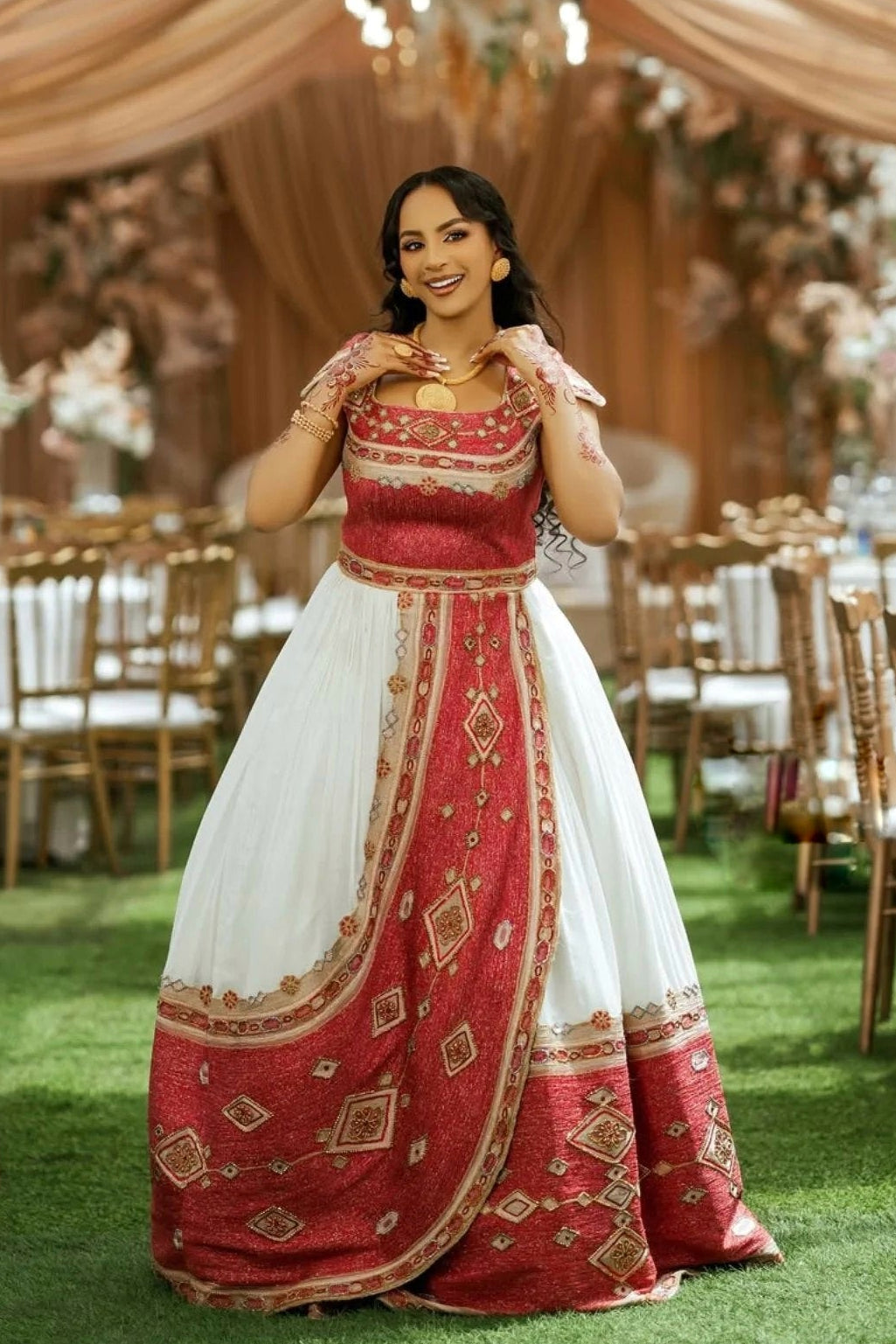 Traditional Ethiopian Wedding Dress  Red and Gold Embroidery Habesha Kemis Royal Eritrean And Habesha Dress 189
