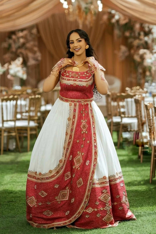 Traditional Ethiopian Wedding Dress  Red and Gold Embroidery Habesha Kemis Royal Eritrean And Habesha Dress 189