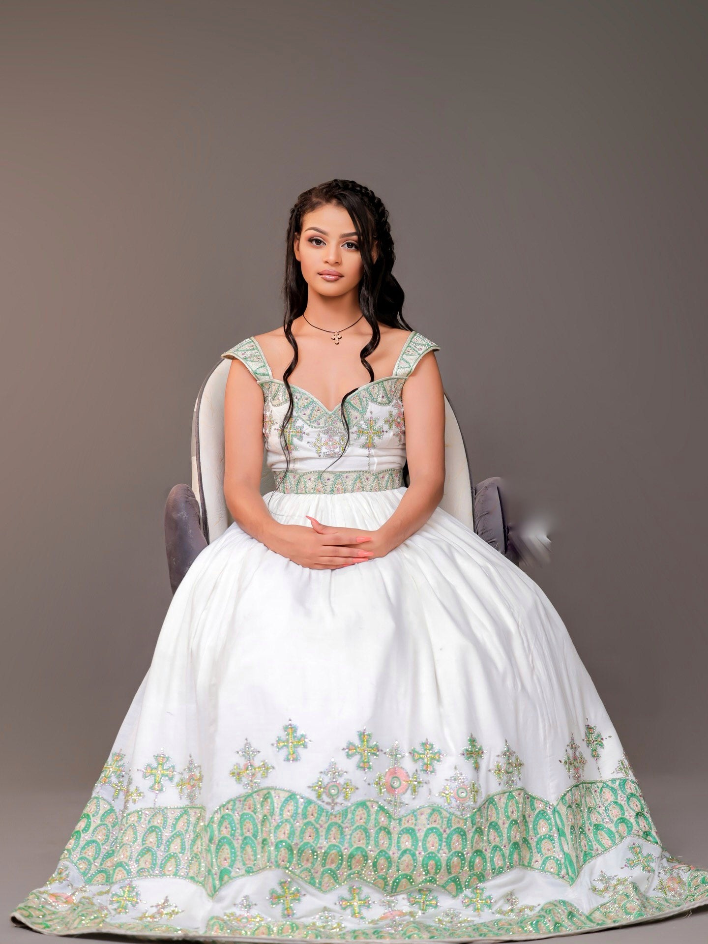 Sleeveless Ethiopian Wedding Dress with Embroidery Traditional Habesha Dress Graceful Habesha Kemis 421