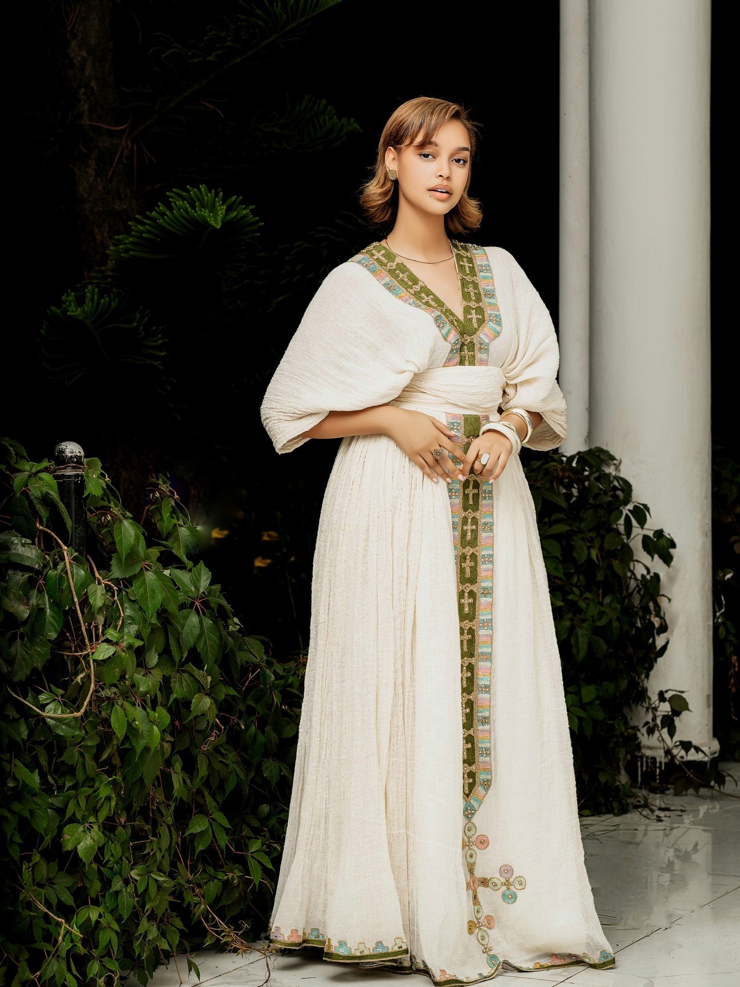 V-Neckline Habesha Dress Cross Embroidery Ethiopian Clothing Vibrant Habesha Kemis 633