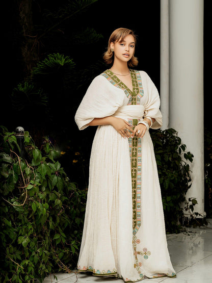 V-Neckline Habesha Dress Cross Embroidery Ethiopian Clothing Vibrant Habesha Kemis 633