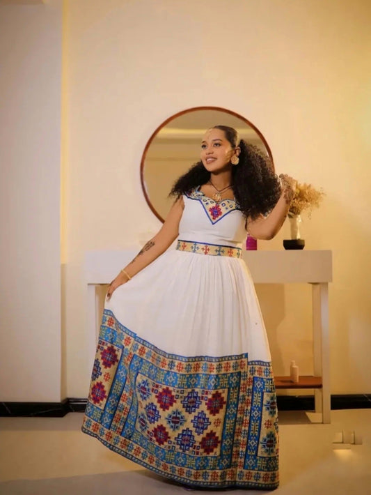 Sleeveless Habesha Kemis Online Blue Red Ethiopian Dress