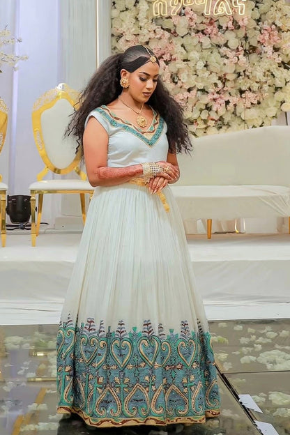 V-Neckline Habesha Dress | Elegant Ethiopian Wedding Style