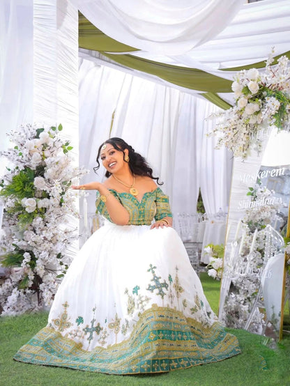 Off-Shoulder Habesha Dress Green and Gold Embroidery Habesha Kemis For Wedding Ethiopian Wedding Dress 663