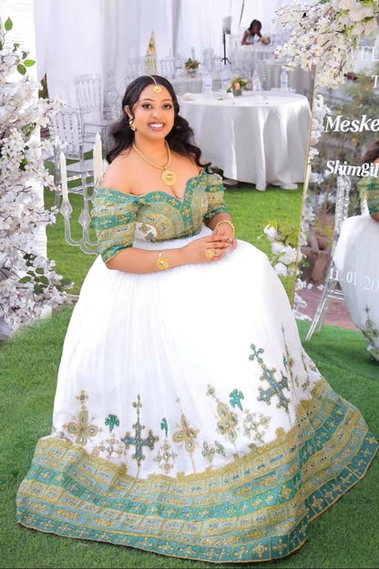 Off-Shoulder Habesha Dress Green and Gold Embroidery