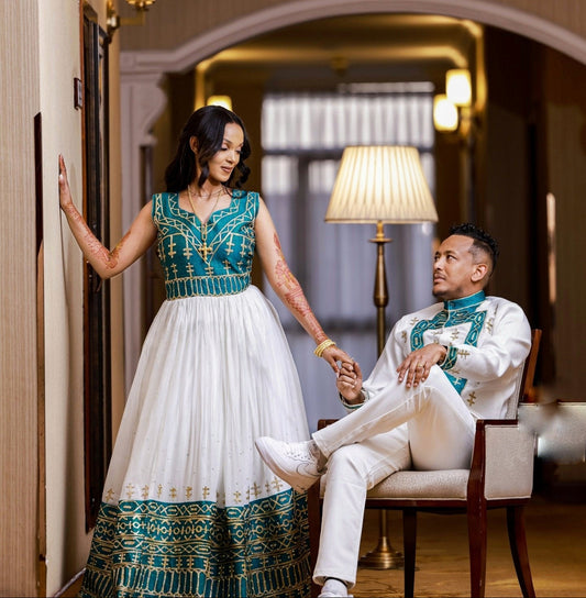 Habesha Couples Outfit Green Embroidery Matching Set Timeless Ethiopian Clothing For Couple's 664