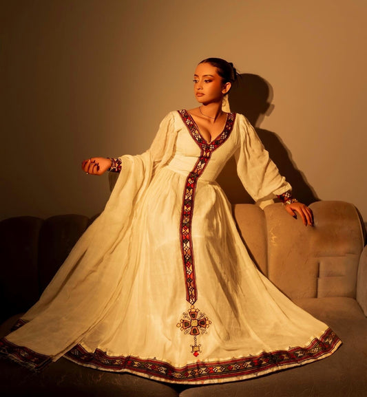 Long Sleeve Habesha Dress with Multicolor Embroidery Ethiopian Dress