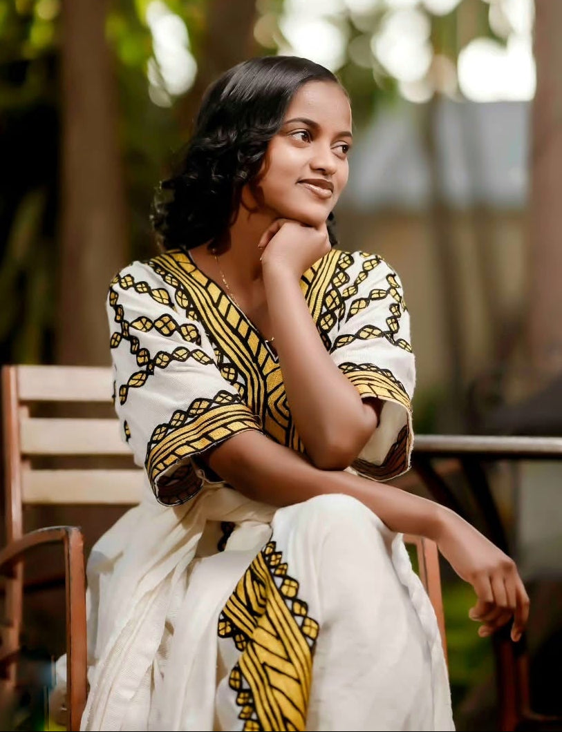 Golden Embroidery Habesha Dress – Timeless Ethiopian Kemis