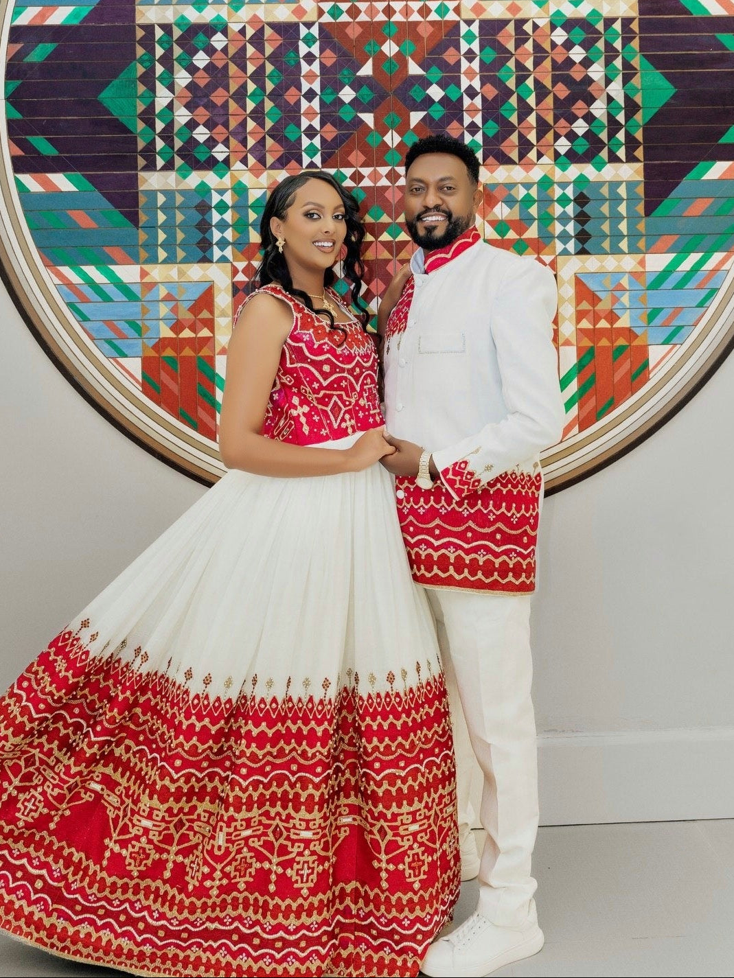 Traditional Couple Attire Red Embroidered Habesha Men’s Set and Women’s Dress 822