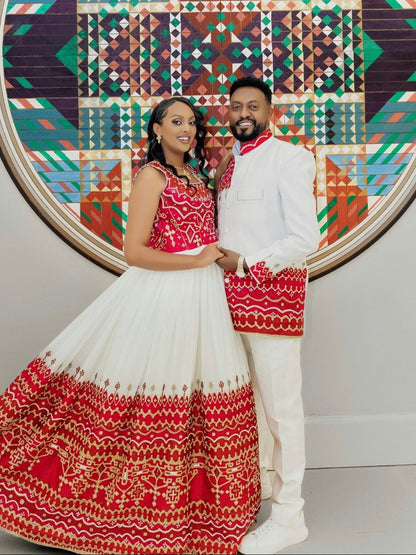 Traditional Couple Attire Red Embroidered Habesha Men’s Set and Women’s Dress 822