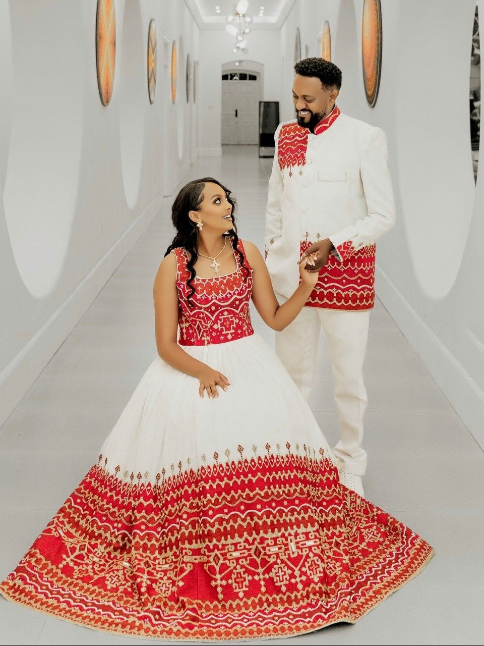 Traditional Couple Attire Red Embroidered Habesha Men’s Set and Women’s Dress 822