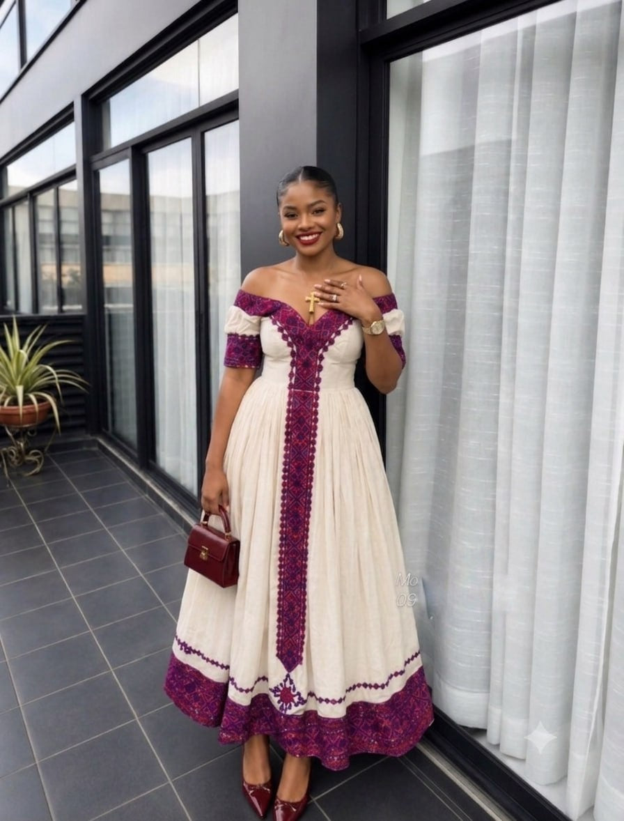 AI-Generated Off-The-Shoulder Purple Embroidered Habesha Kemis & Traditional Ethiopian Dress for Special Occasions 1160