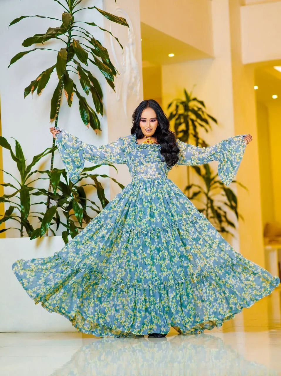 Elegant Light Blue Habesha Chiffon